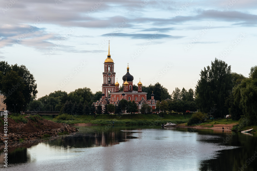 Resurrection Cathedral on the bank of the Polist River in the early summer morning, Staraya Russa, Novgorod Region, Russia