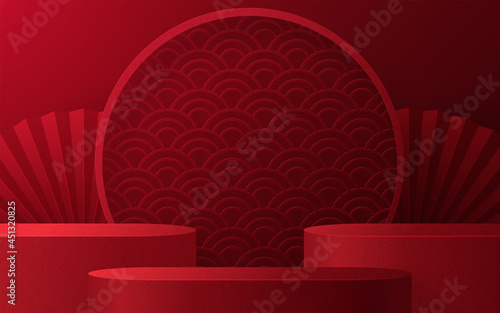 3d Podium round, square box stage podium and paper art Chinese new year,Chinese Festivals, Mid Autumn Festival, red paper cut, fan, flower and asian elements with craft style on background.