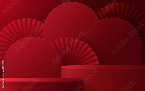 3d Podium round, square box stage podium and paper art Chinese new year,Chinese Festivals, Mid Autumn Festival, red paper cut, fan, flower and asian elements with craft style on background.