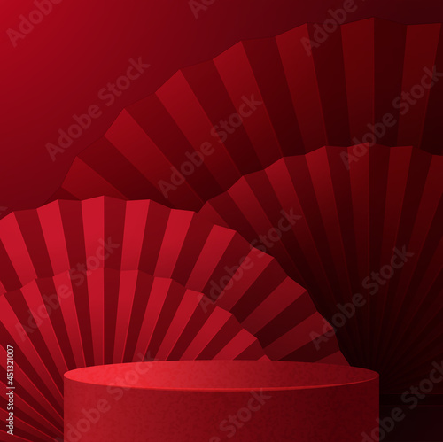 3d Podium round, square box stage podium and paper art Chinese new year,Chinese Festivals, Mid Autumn Festival, red paper cut, fan, flower and asian elements with craft style on background.