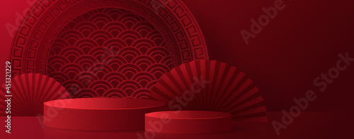 Foto 3d Podium round, square box stage podium and paper art Chinese new year,Chinese Festivals, Mid Autumn Festival, red paper cut, fan, flower and asian elements with craft style on background