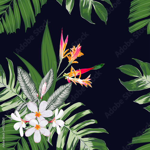 Seamless pattern floral with bird of paradise and frangipani flowers abstract background.Vector illustration hand drawn.For fabric fashion print pattern design or product packaging.