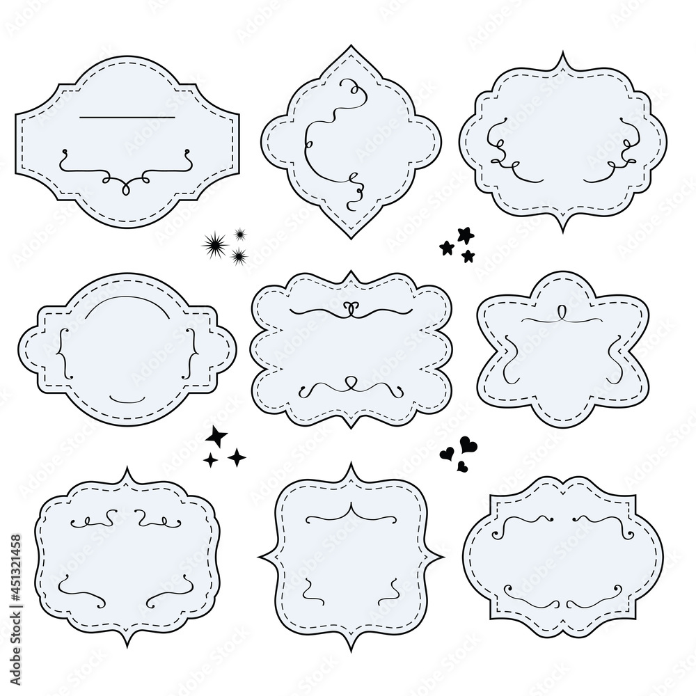 Obraz premium Blank black outline vintage and modern different shapes banners and message boards with dashed borders design elements set on white background