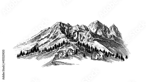 Mountain with pine trees and landscape black on white background. Hand drawn rocky peaks in sketch style. Handcrafted illustration mountain peak  hill top  nature landscape. Outdoor travel  tourism. 