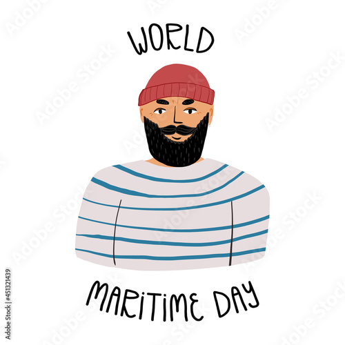 World Maritime Day card design with hand lettering. A portrait of a bearded seaman in beanie, striped vest, smiles. 