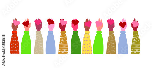 Many different hands, different people and nationalities, races, hold the heart in the palm of your hand. Vector illustration, flat cartoon color minimal design isolated on white background, eps 10.