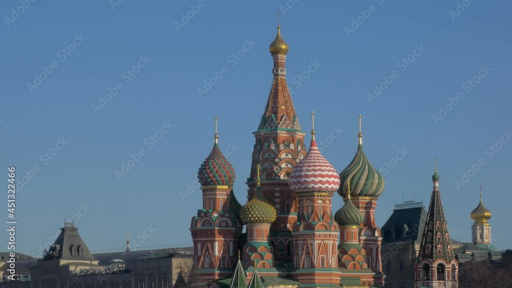 St Basil Cathedral on Red Square in Moscow at sunny weather, static shot, orthodox church St Basil Cathedral on Red Square in Moscow at sunny weather, static shot, orthodox church