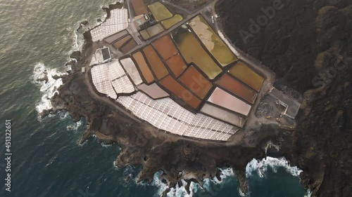 Stunning overhead view of saltworks at Salinas de los Fuencaliente, La Palma, Spain; photo