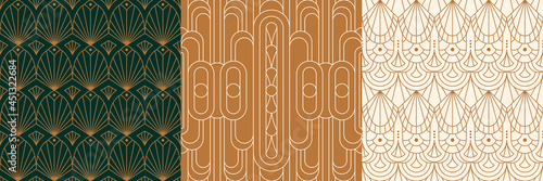 Art Deco Seamless Patterns Set in a Trendy minimal Linear Style. Vector Abstract Retro backgrounds with Geometric Shapes