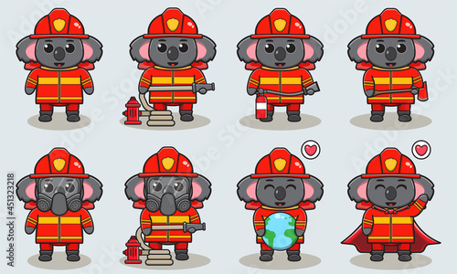Vector illustration of Koala firefighters set. Fire fighter profession with flat design style. Good for icon, label, sticker, clipart.