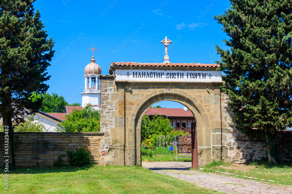 Entrance gate of monastery of St. George in Pomorie, Bulgaria. Inscription on gate: Monastery of St. George