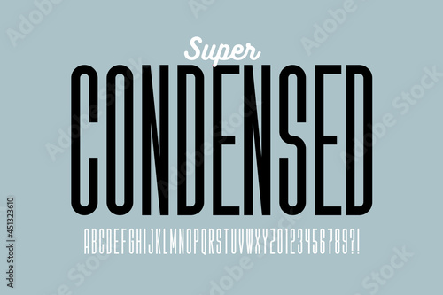 Super condensed style font design, tall alphabet, letters and numbers vector illustration