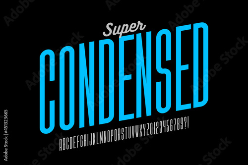 Super condensed style font design, tall alphabet, letters and numbers vector illustration