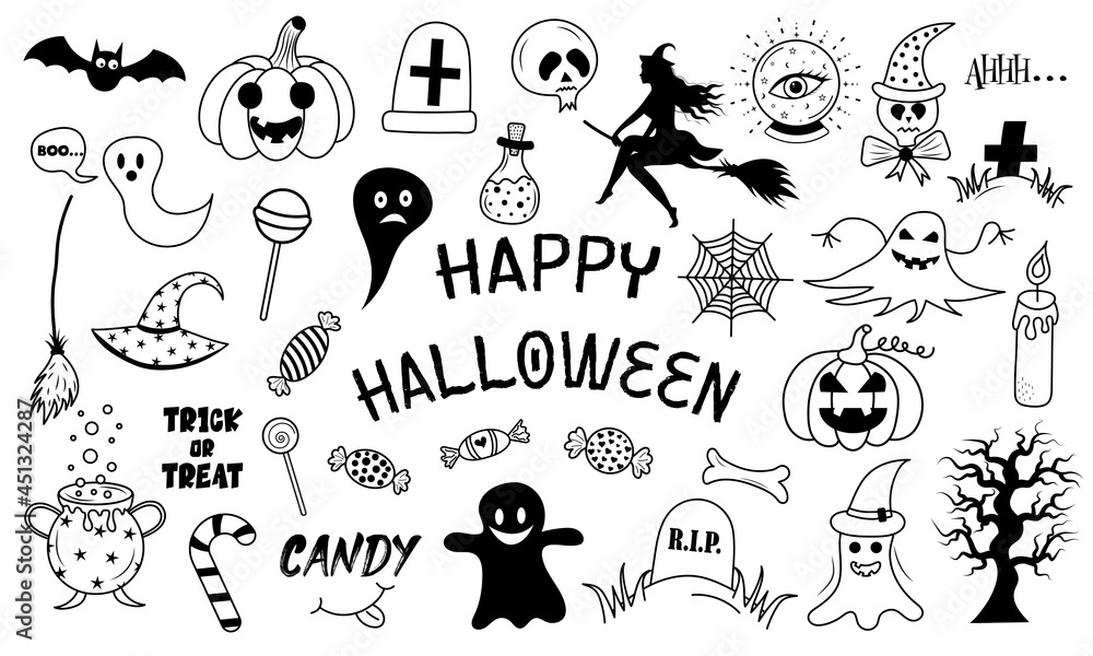 Happy Halloween set of elements in doodle style. Hand drawn illustration.