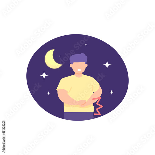 illustration of a man holding his stomach because he feels stomach pain at night. ulcers, overeating, flatulence. internal disease. expression of people who are in pain. flat style. vector design 