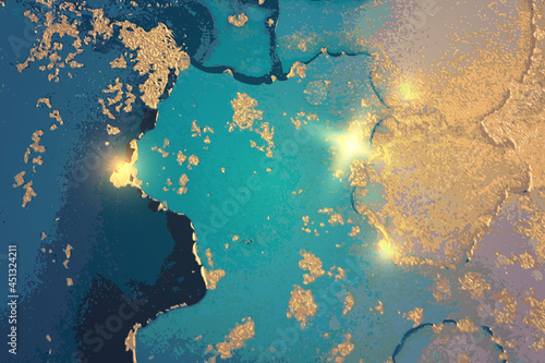 Abstract blue and gold fluid art alcohol ink pattern with marble texture. Modern luxury background with watercolor splash and golden glitter for poster, flyer, brochure design.