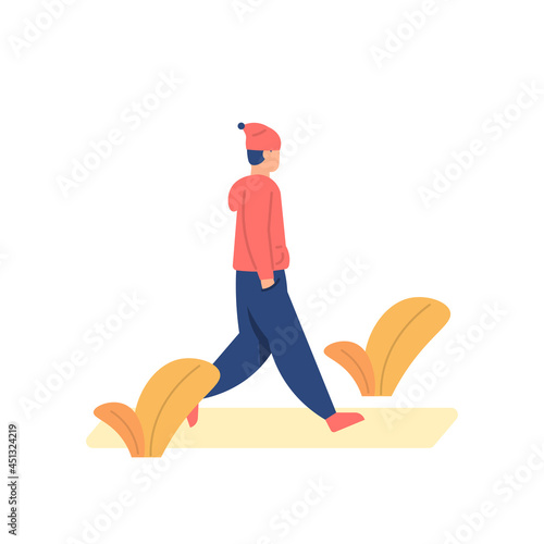 illustration of a man walking leisurely in the park in autumn. people activity. sports and recreation. flat cartoon style. vector design elements