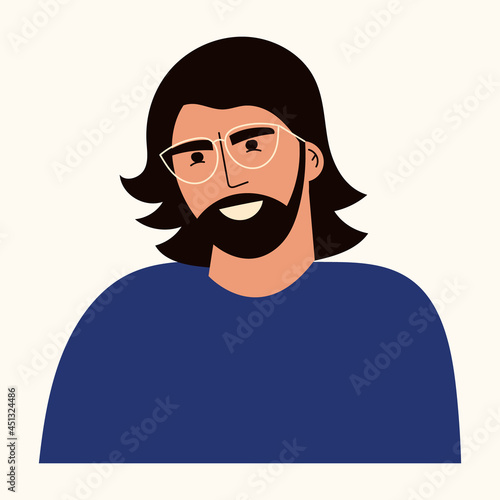 Portrait of young man with long hair and beard. Avatar of male character with eyeglasses in casual clothing. Creative person, hipster guy. Flat vector cartoon illustration isolated on white background