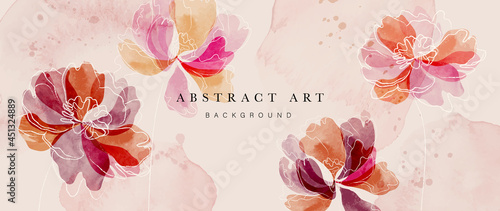 Flower watercolor art background vector. Wallpaper design with floral paint brush line art. leaves and flowers nature design for cover, wall art, invitation, fabric, poster, canvas print.