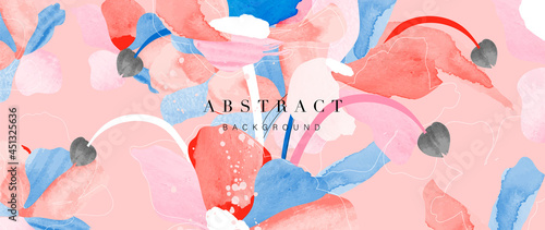 Flower watercolor art background vector. Wallpaper design with floral paint brush line art. leaves and flowers nature design for cover, wall art, invitation, fabric, poster, canvas print.