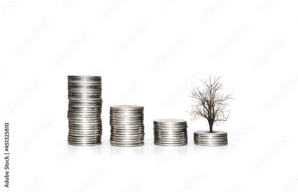Economic recession crisis. GDP and income have decreased. Business downturn and collapse. Coins stacks and a dead tree on white. Risks for financial investment. Loss money and bankruptcy concept. Economic recession crisis. GDP and income have decreased. Business downturn and collapse. Coins stacks and a dead tree on white. Risks for financial investment. Loss money and bankruptcy concept.