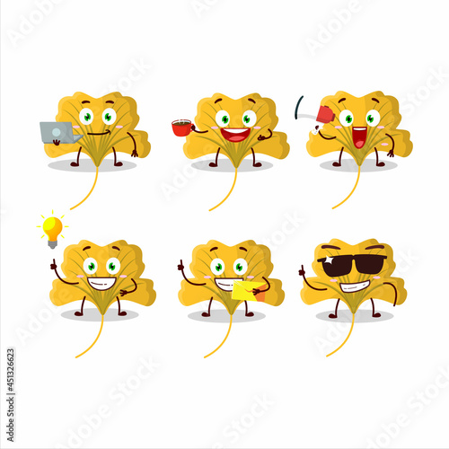 Ginko yellow leaf cartoon character with various types of business emoticons