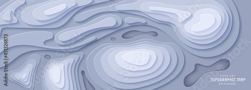 Topographic map in paper cut style. 3d abstract background with cut out waves modern cover. Grey color holes and mountains papercut art. Vector card illustration and origami smooth geometric shapes