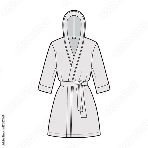 Bathrobe hooded Dressing gown technical fashion illustration with wrap opening, mini length, oversized, tie, elbow sleeves. Flat apparel garment front, grey color style. Women men unisex CAD mockup