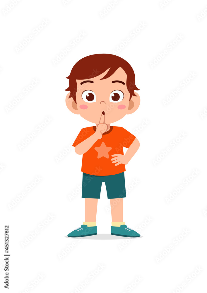 cute little boy show close mouth with finger pose - obrazy, fototapety, plakaty 