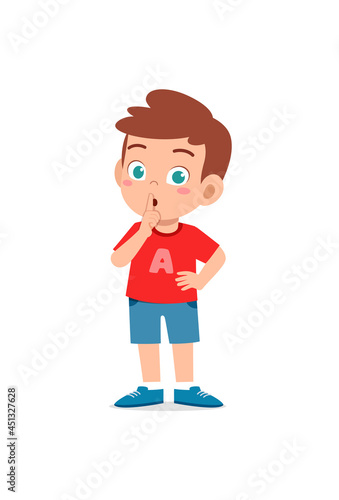 cute little boy show close mouth with finger pose