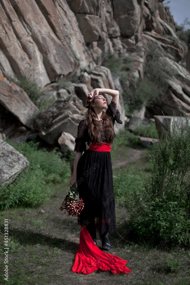beautiful girl, brunette in a black dress with a red belt, photo session in the mountains, altai, red lips beautiful girl, brunette in a black dress with a red belt, photo session in the mountains, altai, red lips