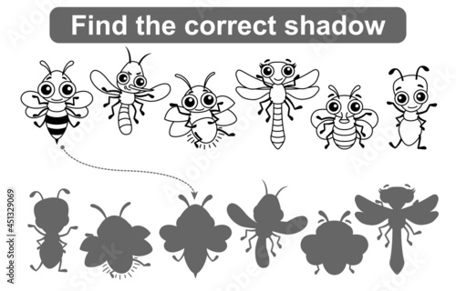 Find the correct shadow. Kids educational game. Coloring pages Insects, Simple gaming level for preschool kids