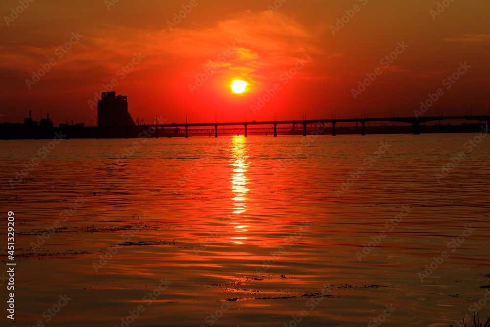 Beautiful sunset over the Dnieper river in Dnipro city, Ukraine
