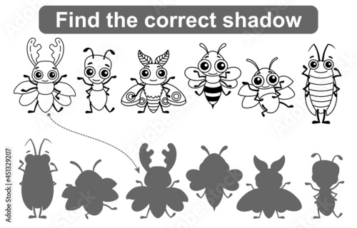Find the correct shadow. Kids educational game. Coloring pages Insects, Simple gaming level for preschool kids