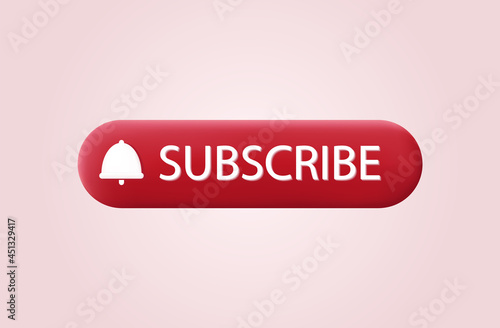 Subscribe 3d icon. Button for watching video, play, social media channel. Online notification when you press enter. Red sign of subscription to register or join. Click with a bell. Vector illustration