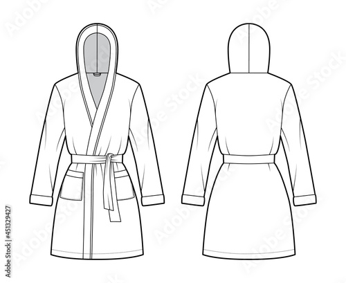 Hooded Bathrobe Dressing gown technical fashion illustration with wrap opening, mini length, oversized, tie, pocket, long sleeves. Flat garment front, back, white color. Women, men, unisex CAD mockup