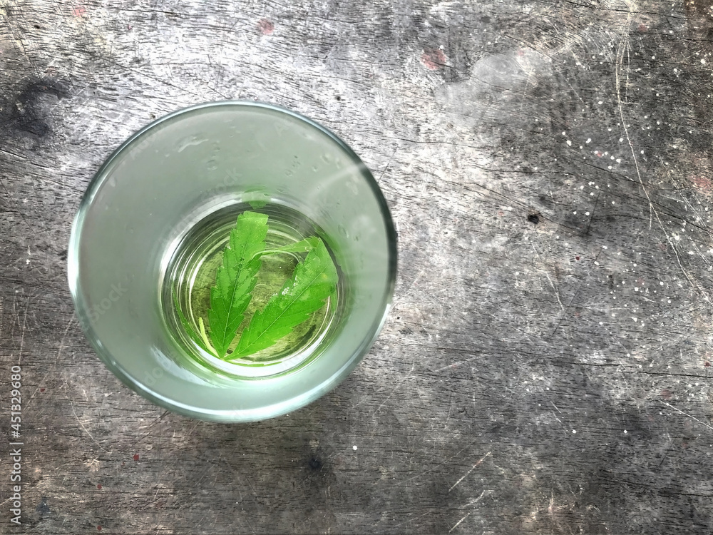 A glass of tea made from cannabis leaves on wooden floor A glass of tea made from cannabis leaves on wooden floor