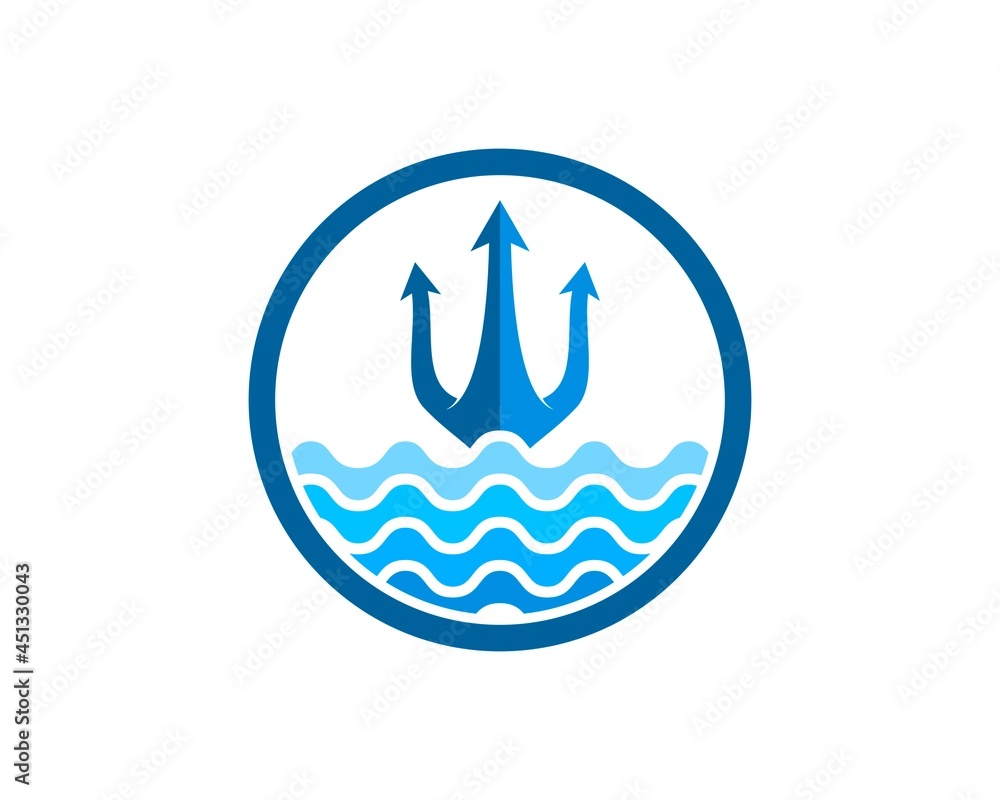 Circle shape with abstract beach wave and trident Circle shape with abstract beach wave and trident