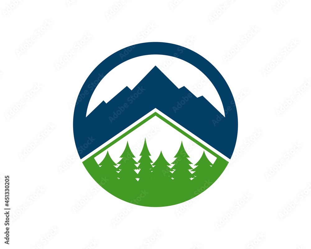 Circle shape with mountain and pine forest Circle shape with mountain and pine forest
