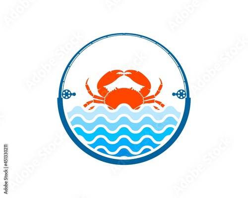 Circular fishing rod with beach wave and red crab