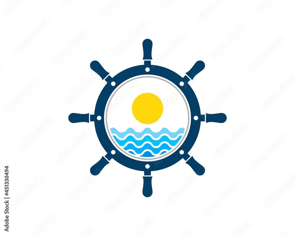 Ship steering wheel with beach wave and sunset inside Ship steering wheel with beach wave and sunset inside