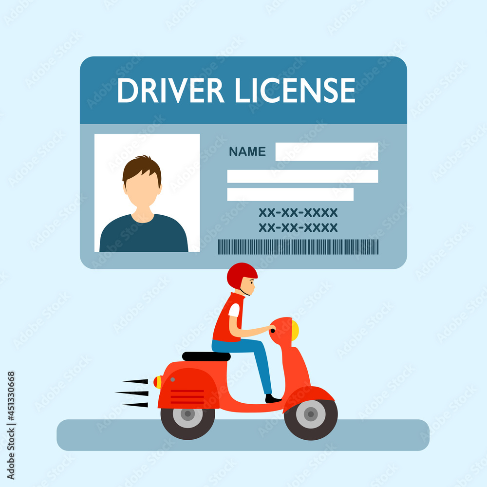A man riding motorbike. Driver license concept vector illustration. Renew driving license idea in flat design. Identity card.