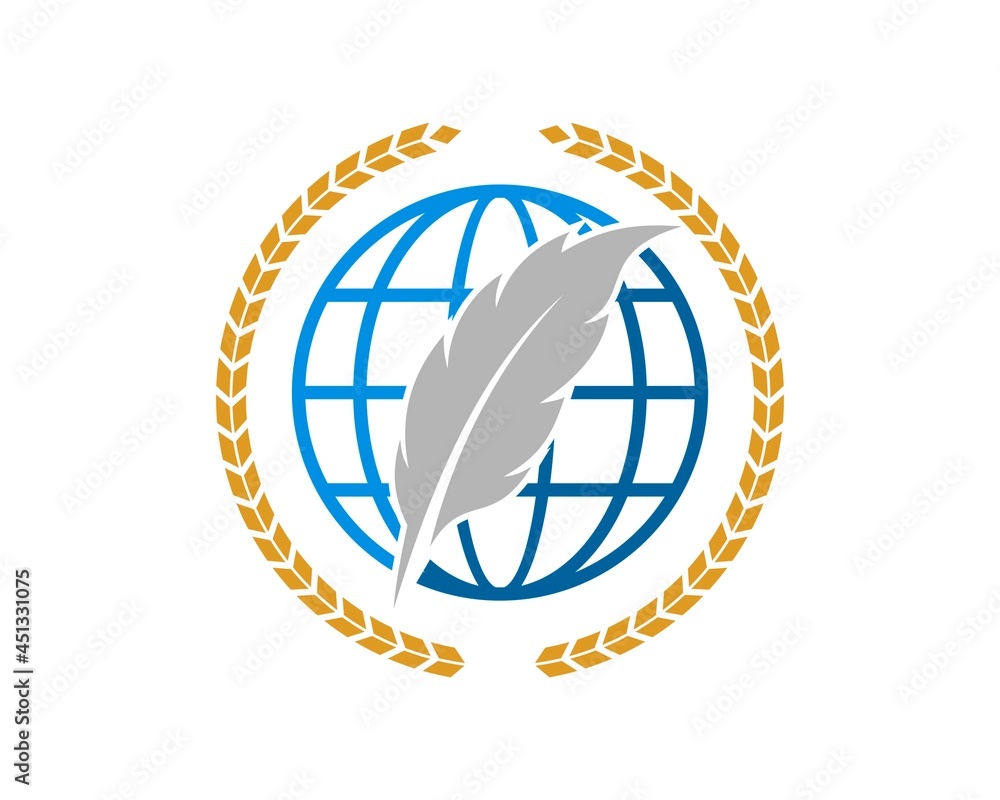 Circular wheat with abstract globe and feather writer inside Circular wheat with abstract globe and feather writer inside