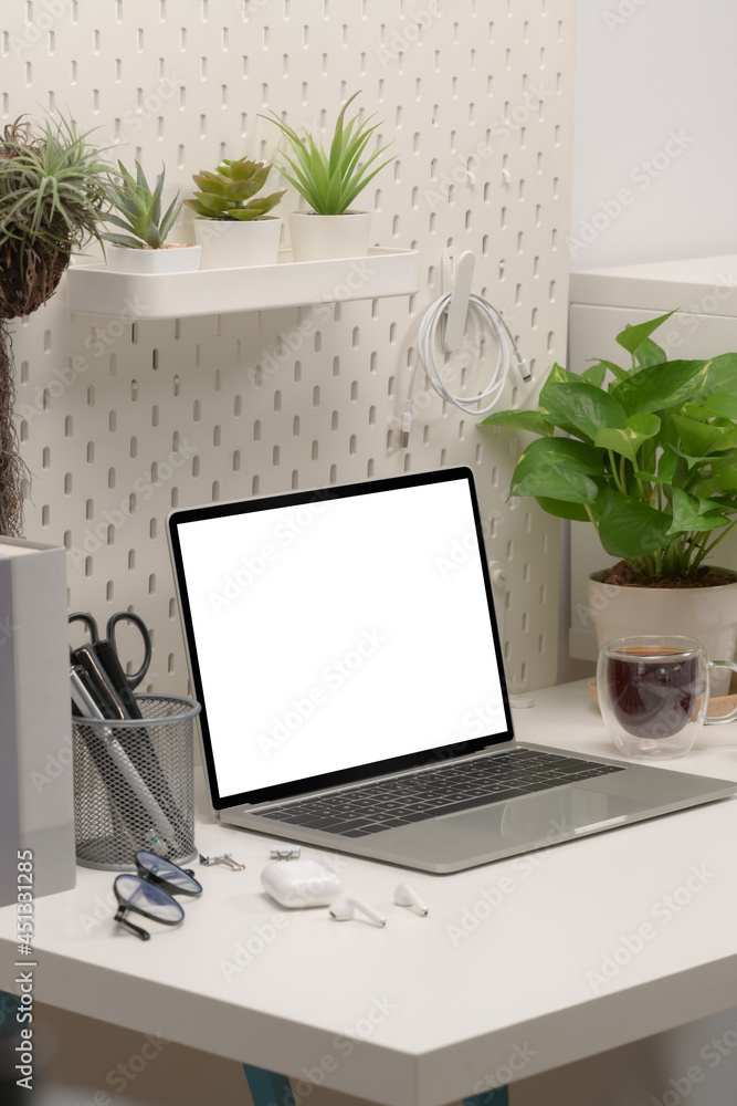 Fototapeta premium Comfortable workplace with laptop computer and houseplant.