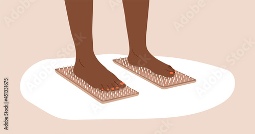 Sadhu board. African female feet stands on nails. Alternative medicine. Wooden board for yoga practice. Meditation and relaxation. Vector illustration in flat cartoon style.