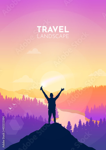 Man on top. Holding firecracker in his hand. Travel concept of discovering, exploring, and observing nature. Hiking tourism. Adventure. Minimalist graphic flyer. Polygonal flat design. Vector  © Yurii