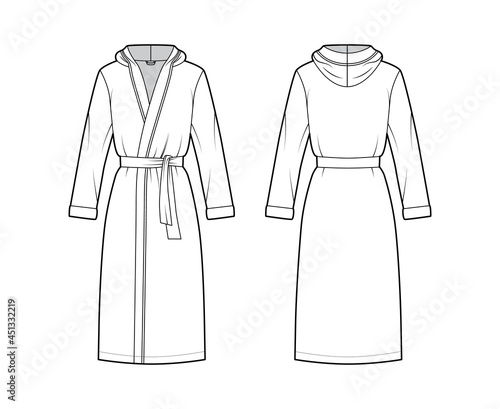 Bathrobes hooded Dressing gown technical fashion illustration with wrap opening, knee length, oversized, tie, long sleeves. Flat garment apparel front, back, white color. Women, men, unisex CAD mockup