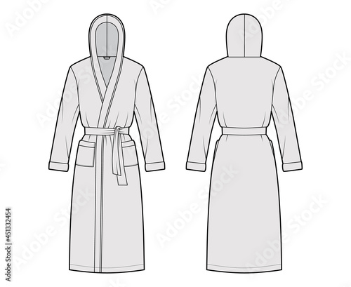 Bathrobes hooded Dressing gown technical fashion illustration with wrap opening, knee length, tie, pocket, long sleeves. Flat garment apparel front, back, grey color. Women, men, unisex CAD mockup