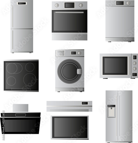 A Set Of Electronic Household Appliances. Refrigerator, microwave, electric oven, stove, washing machine, dishwasher, air conditioning, TV, extractor hood