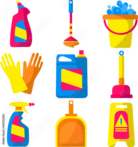 A set of detergents bottles or containers, detergents, washing powder icon, mops, buckets, gloves.